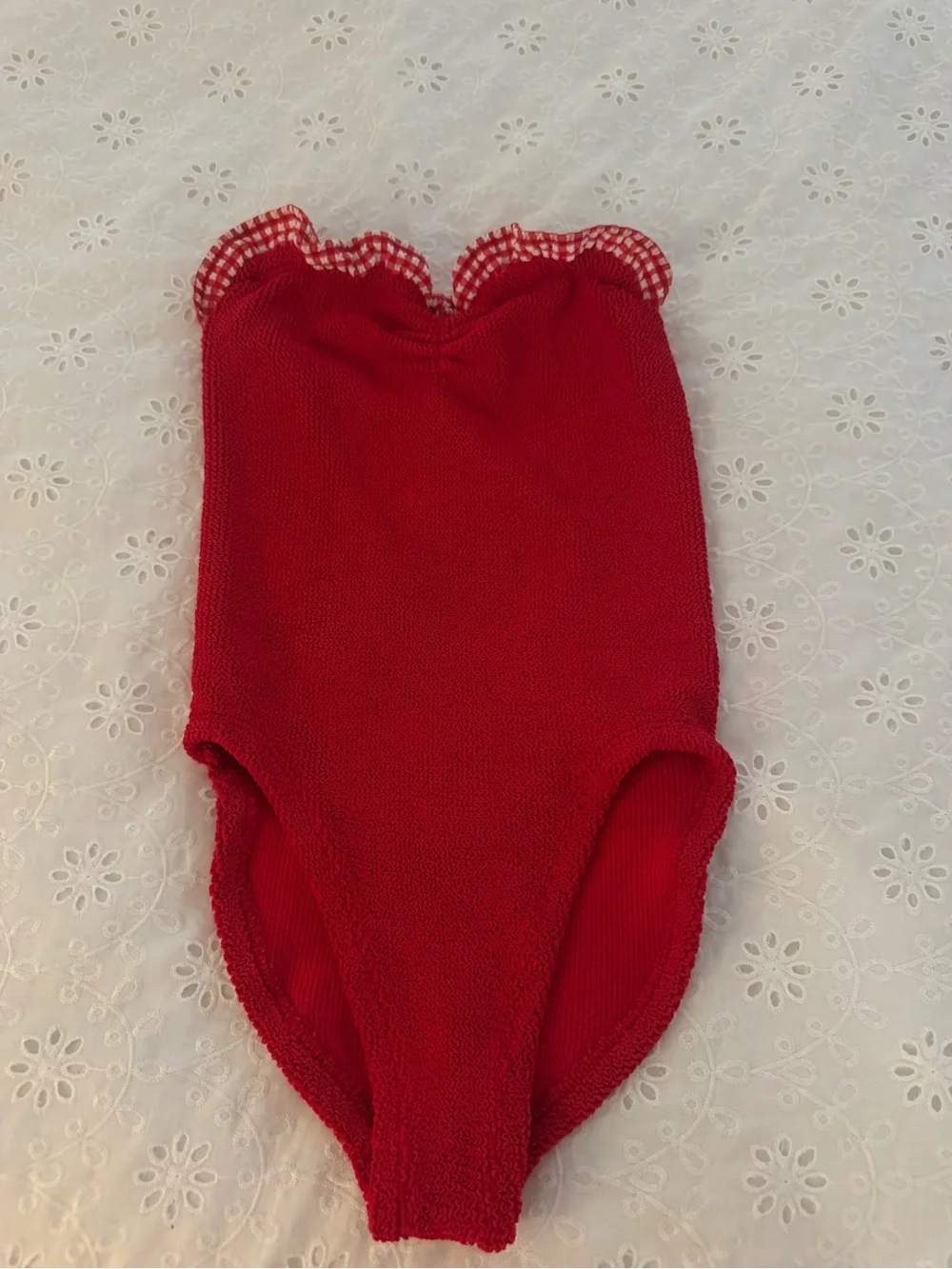 Hunza G Strapless Red One-Piece Swimsuit with Gingham Trim